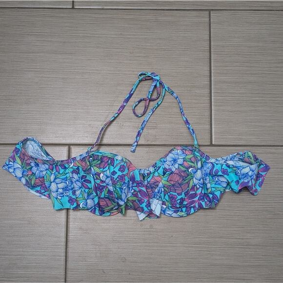 Xhilaration Blue and Purple Bikini Top with Ruffle Overlay Off The Shoulder - Picture 3 of 5